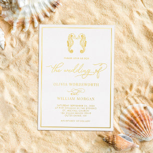 Seepferd Coastal Beach Elegante Script Wedding Folieneinladung