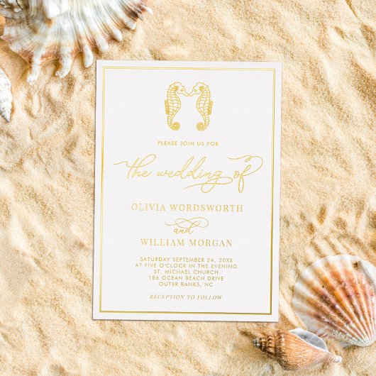 Seepferd Coastal Beach Elegante Script Wedding Folieneinladung