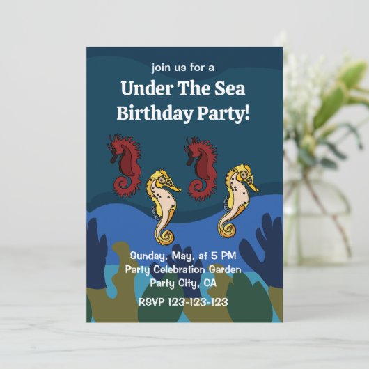 Seepferd Coral Under Sea Birthday Party Einladung (Stehend Vorderseite)