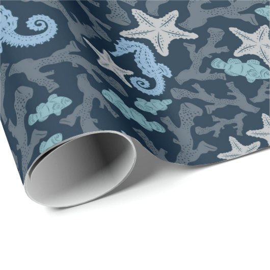 Seepferd Deep Blue Pattern Geschenkpapier (Rolleneckpunkt)