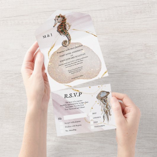 Seepferd Glitzer abstrakter Küstenstrand  All In One Einladung (Abreißen)