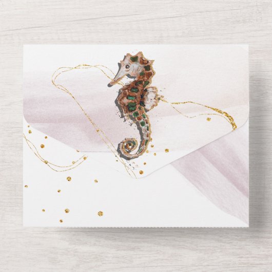 Seepferd Glitzer abstrakter Küstenstrand  All In One Einladung (Rückseite)