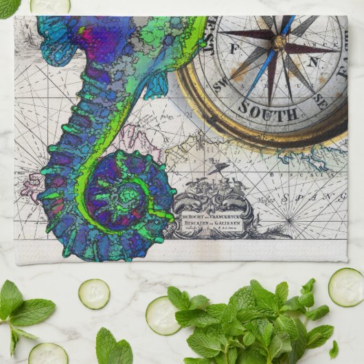 Seepferd-Kompass Küchentuch (Gefaltet)