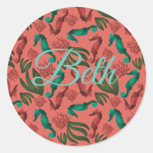 Seepferd Koralle Wasserfarbe Personalisiert Runder Aufkleber