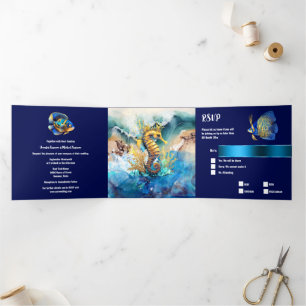 Seepferd Korallenriff Insel Meer Chic Dreifach Gefaltete Einladung