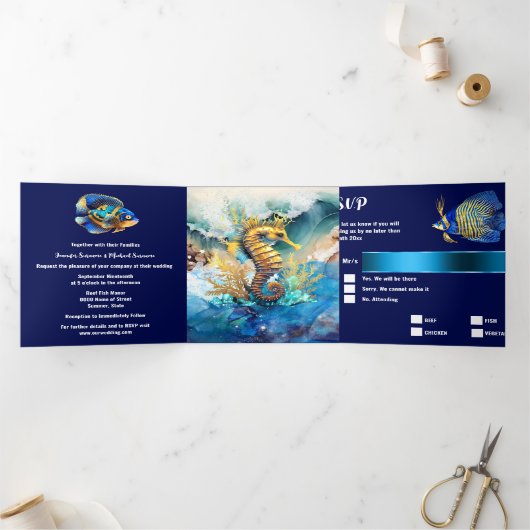 Seepferd Korallenriff Insel Meer Chic Dreifach Gefaltete Einladung (Innenseite)