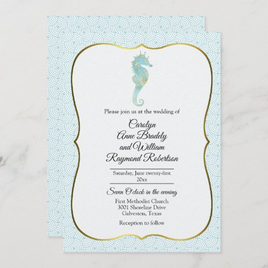 Seepferd mit Aqua Wave Frame Wedding Einladung (Vorne/Hinten)