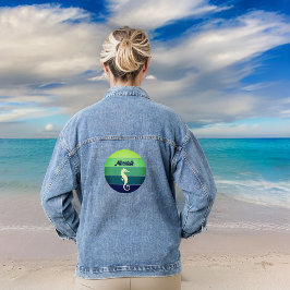Seepferd mit Lime Green Emerald Navy Sun und Name Jeansjacke