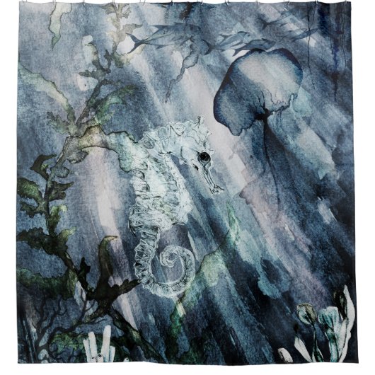 Seepferd mit Quallenfischen im blauen Meer Duschvorhang (Vorderseite)