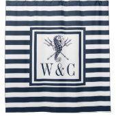 Seepferd Monogram Navy Blue Striping Nautic Duschvorhang (Vorderseite)
