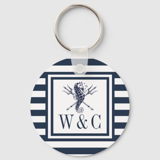 Seepferd Monogram Navy Blue Striping Nautic Schlüsselanhänger (Vorderseite)