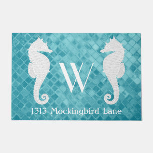 Seepferd-Monogramm-Aqua-Seeglas Fußmatte