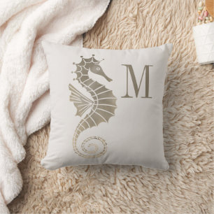 Seepferd-Monogramm Gold Creme Ozean Nautical Kissen