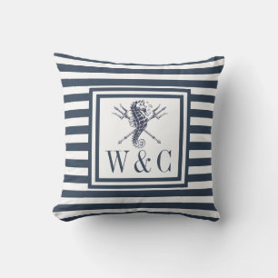 Seepferd-Monogramm Navy Blau Gestreift Nautisch Kissen