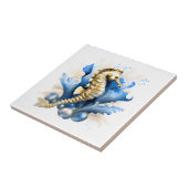Seepferd nautischer Ozeanfisch Blaue Goldfantasie Fliese (Seite)