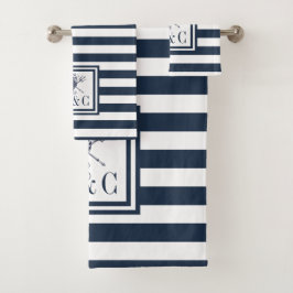 Seepferd Navy Blue Stripe Nautic Monogram Badhandtuch Set