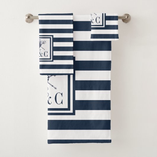 Seepferd Navy Blue Stripe Nautic Monogram Badhandtuch Set (Insitu)