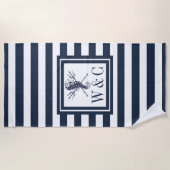 Seepferd Navy Blue Stripe Nautic Monogram Beach Strandtuch (Vorderseite)