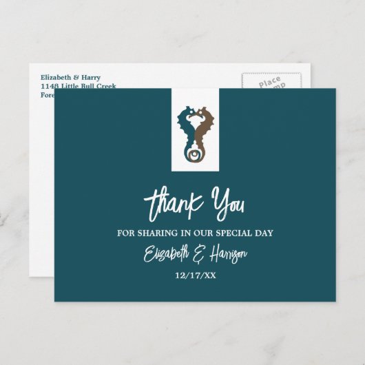 Seepferd Romance, Beach Wedding Danke Postkarte (Vorne/Hinten)