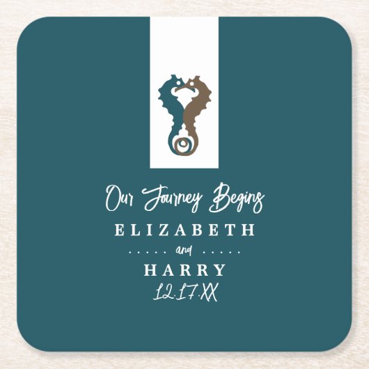 Seepferd Romance, Beach Wedding Rechteckiger Pappuntersetzer (Vorderseite)