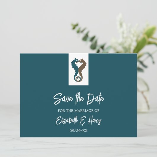 Seepferd Romance, Beach Wedding Save The Date (Stehend Vorderseite)