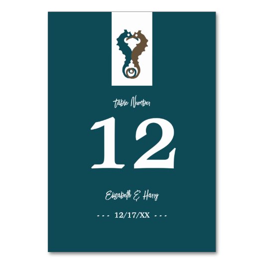 Seepferd Romance, Beach Wedding Tischnummer (Vorderseite)