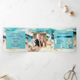 Seepferd Sandstrand Ozeanwellen Wasserfarbe Dreifach Gefaltete Einladung