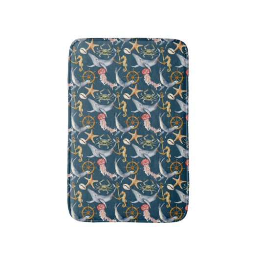 Seepferd, Schiffrad, Wale, Krebse, Starfish Blau Badematte (Vorderseite Vertikal)