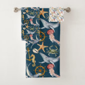 Seepferd, Schiffrad, Wale, Krebse, Starfish Blau Badhandtuch Set (Insitu)
