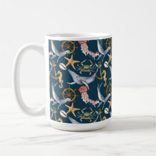 Seepferd, Schiffrad, Wale, Krebse, Starfish Blau Kaffeetasse