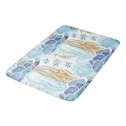 Seepferd Seashells Gold Glitzer Blue Ocean Badematte (Schrägansicht)
