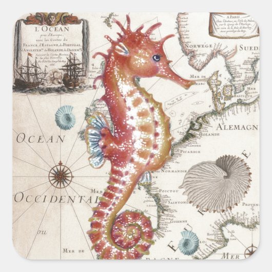 Seepferd Shabby Quadratischer Aufkleber (Vorderseite)