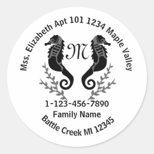 Seepferd Silhouette Monogram Zuhause-Adresse Runder Aufkleber