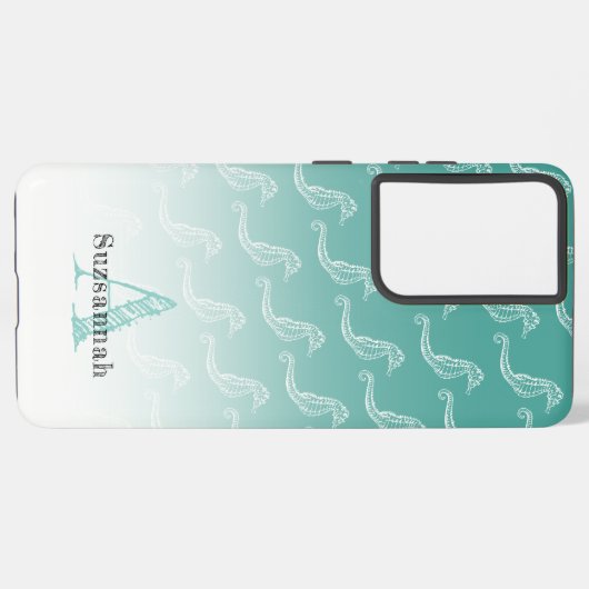 Seepferd Skeleton Muster Sea Green Monogram Name Samsung Galaxy Hülle (Linke Seite)