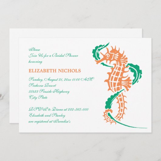 Seepferd Smaragd, Korallenhochzeit Brautparty Einladung (Vorne/Hinten)