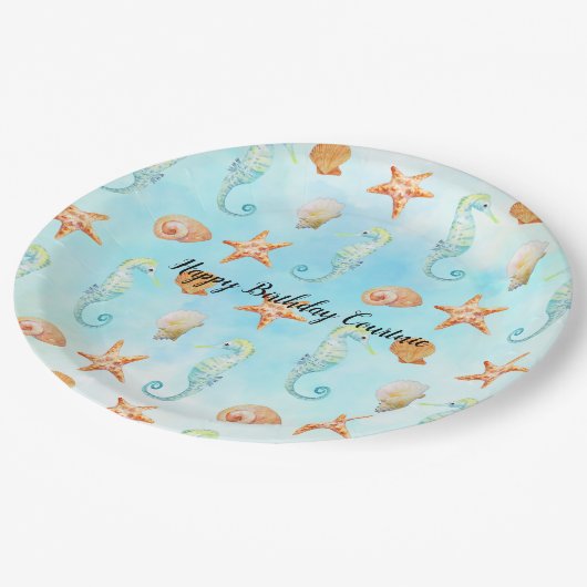 Seepferd Starfish Muscheln Peach Aqua Pappteller (Schrägansicht)