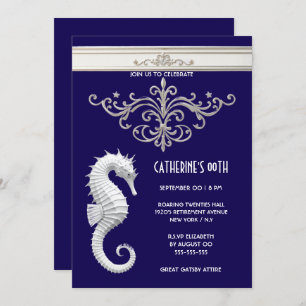 Seepferd Thema Sommerstrand Geburtstagsnacht weiß Einladung