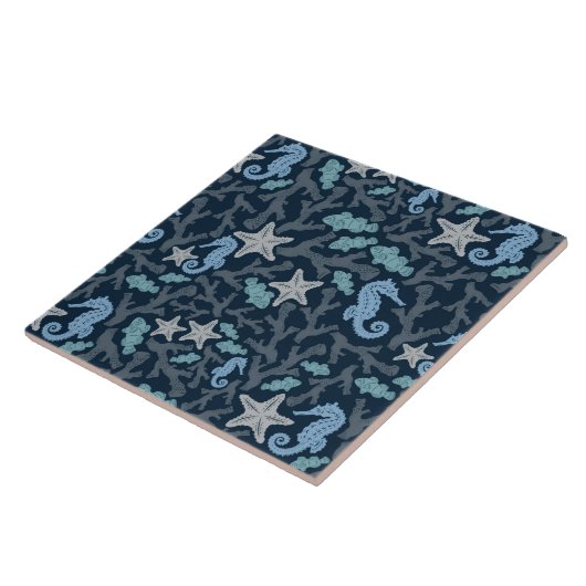 Seepferd-tiefes blaues Muster Fliese (Seite)