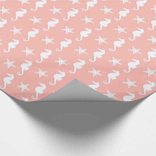 Seepferd u. Starfish - helles korallenrotes Rosa Geschenkpapier (Ecke)