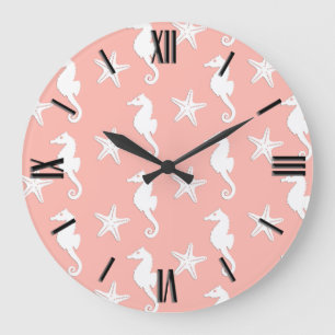 Seepferd u. Starfish - helles korallenrotes Rosa Große Wanduhr