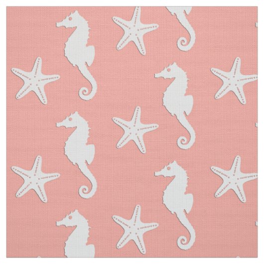 Seepferd u. Starfish - helles korallenrotes Rosa Stoff (Muster)
