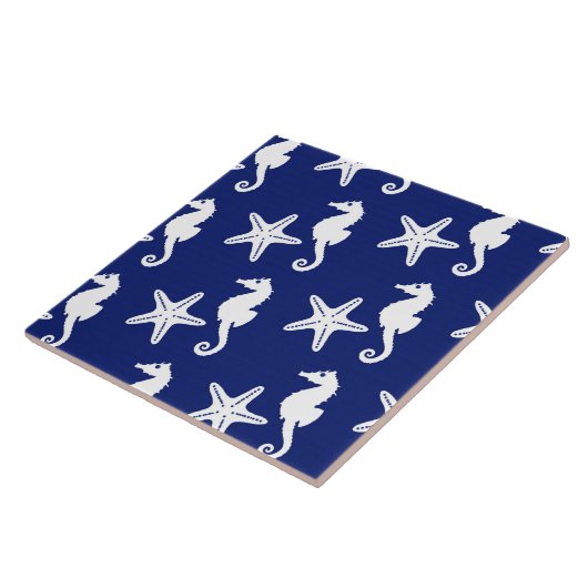 Seepferd u. Starfish - Marineblau und -WEISS Fliese (Seite)