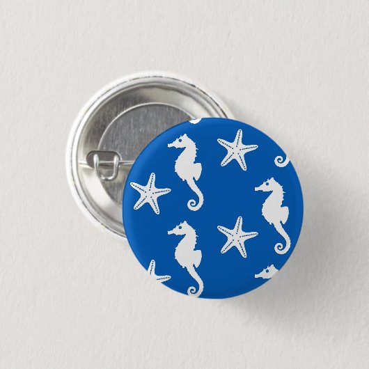 Seepferd u. Starfish - Weiß auf Kobaltblau Button (Vorne & Hinten)