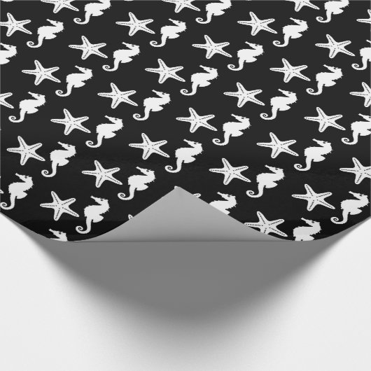 Seepferd u. Starfish - Weiß auf Schwarzem Geschenkpapier (Ecke)