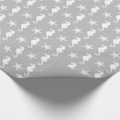 Seepferd u. Starfish - Weiß auf silbernem Grau Geschenkpapier (Ecke)