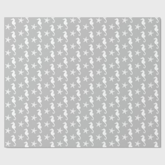 Seepferd u. Starfish - Weiß auf silbernem Grau Geschenkpapier (Flach)