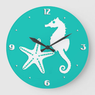 Seepferd u. Starfish - Weiß auf Türkis Große Wanduhr
