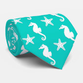 Seepferd u. Starfish - Weiß auf Türkis Krawatte (Gerollt)