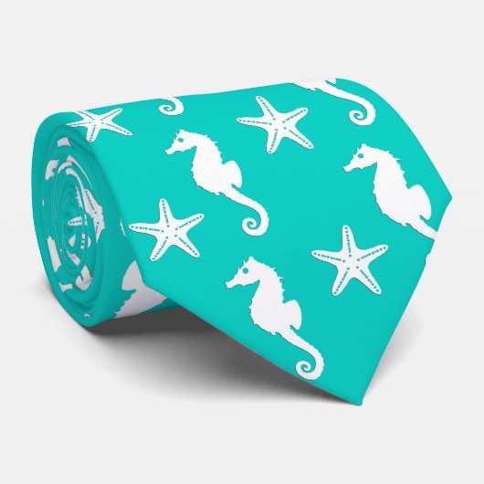 Seepferd u. Starfish - Weiß auf Türkis Krawatte (Gerollt)