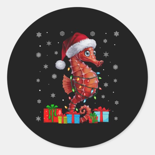 Seepferd Ugly Xmas Lights Weihnachtsmannmütze Seep Runder Aufkleber (Vorderseite)